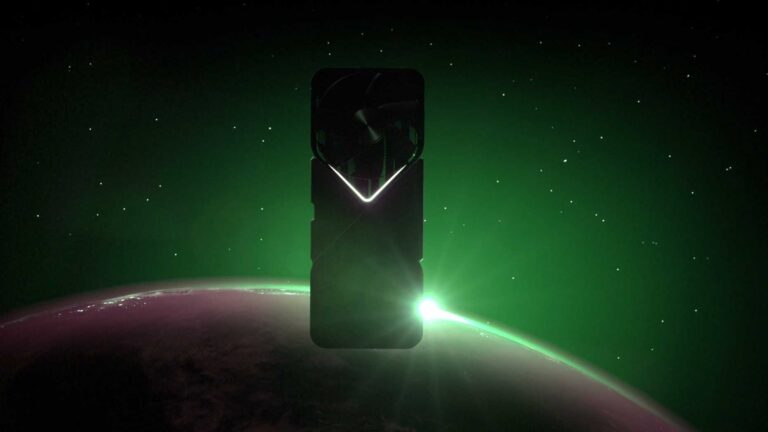 Zdjęcie smartfona z podświetlonym logo w kształcie litery V, unoszącego się w kosmicznej scenerii nad zielono oświetloną planetą.