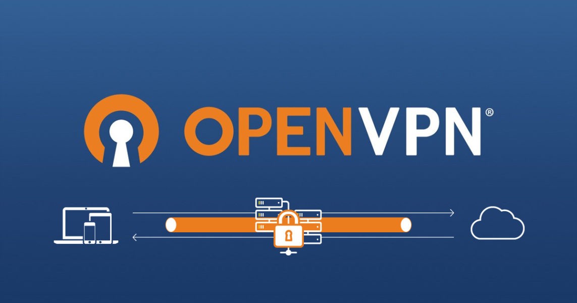 Grafika promocyjna OpenVPN z logotypem, ikonami urządzeń, serwerów i chmury symbolizującymi bezpieczne połączenie sieciowe.