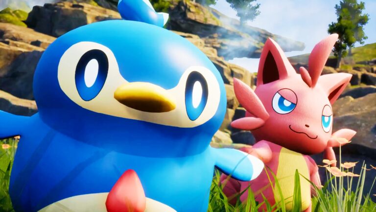 Dwa animowane postacie z gry Palworld: niebieski pingwin, oraz różowa istota z dużymi oczami, stoją na trawiastej przestrzeni z kamieniami w tle.