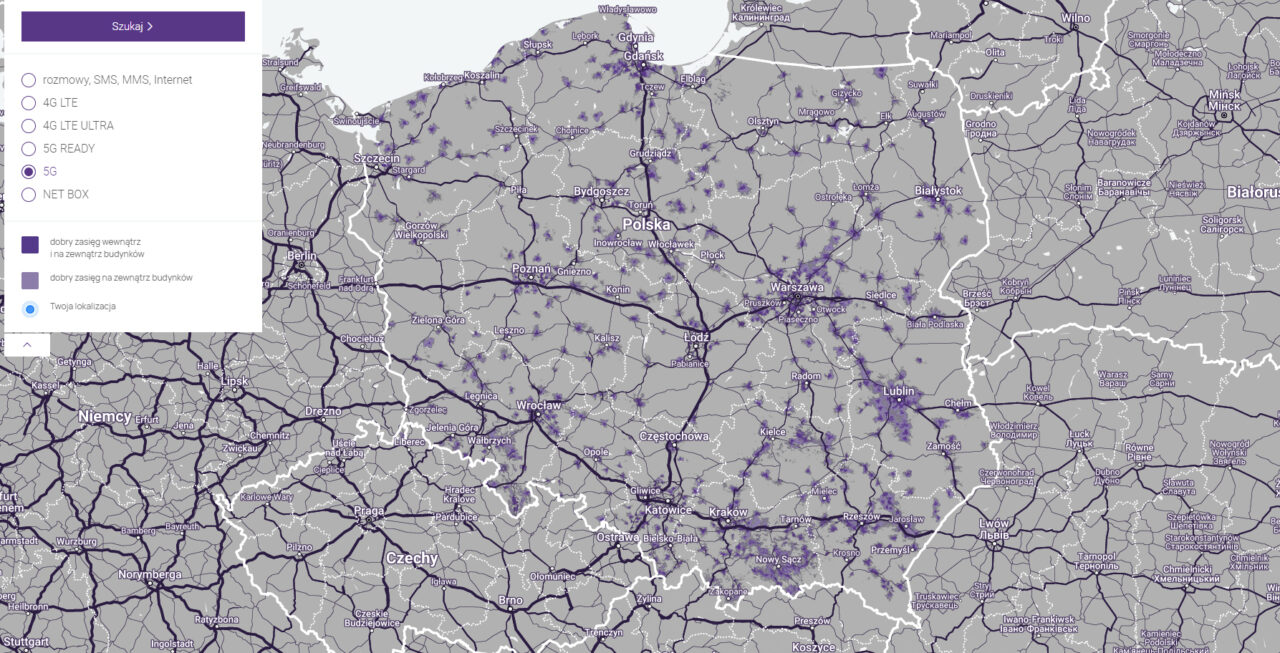 Mapa zasięgu sieci Play 5G w Polsce i części krajów ościennych, z zaznaczonymi rodzajami technologii (od 2G do 5G), głównymi miastami i granicami państw.