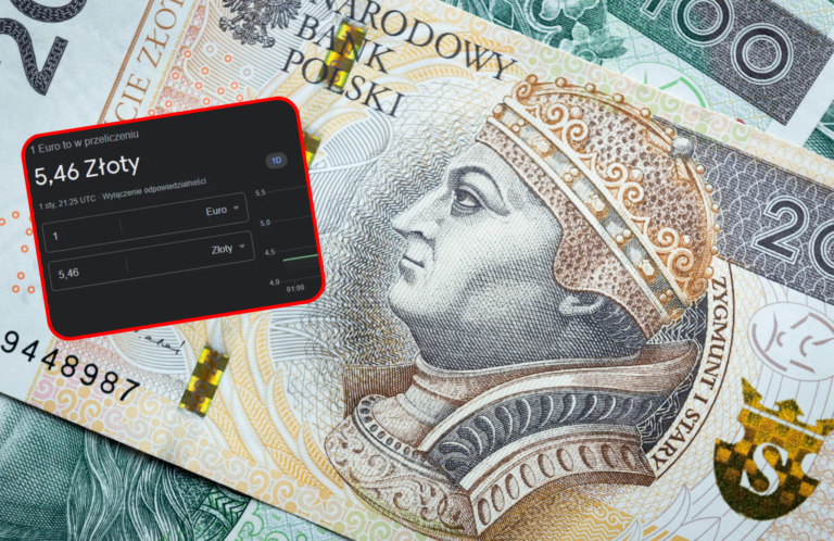 Aplikacja do wymiany walut z zaznaczonym kursem 1 Euro na 5,46 złotego na tle polskich banknotów.