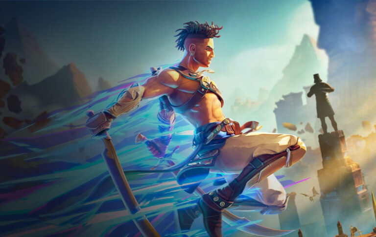 Narysowana postać męska, unosząca się w powietrzu z futurystyczną tarczą, w tle rozmyte ruiny i posąg. Grafika promująca grę Prince of Persia: The Lost Crown