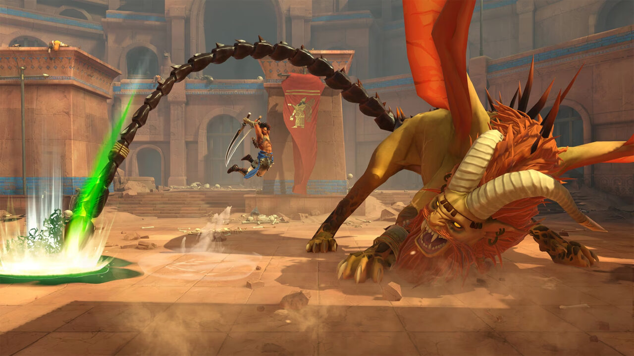 Scena z gry Prince of Persia The Lost Crown przedstawiająca postać wojownika walczącego z wielkim, smokopodobnym stworem w antycznej arenie.