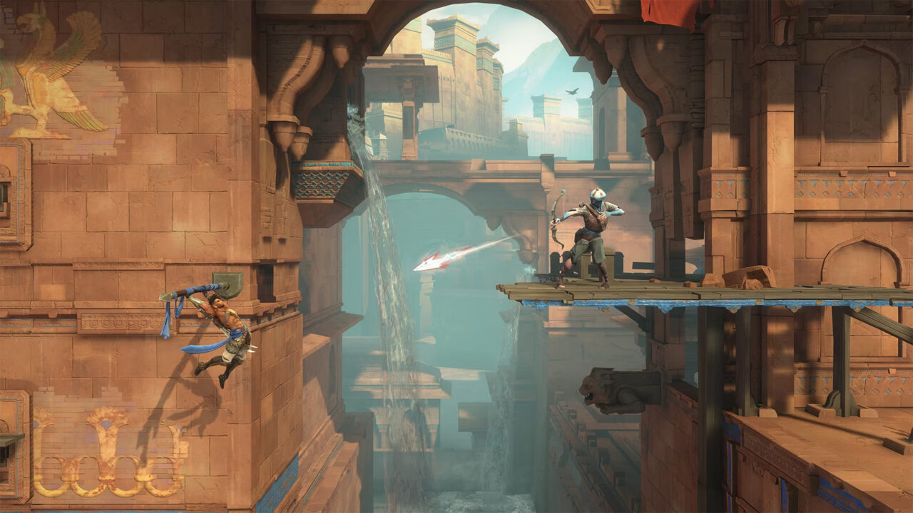 Scena z gry Prince of Persia przedstawiająca dwóch postaci w starożytnym, piaskowcowym mieście, walczy nie na drewnianym rusztowaniu; postać po lewej strzelając z giwery, a postać po prawej odpierając atak za pomocą łuku.