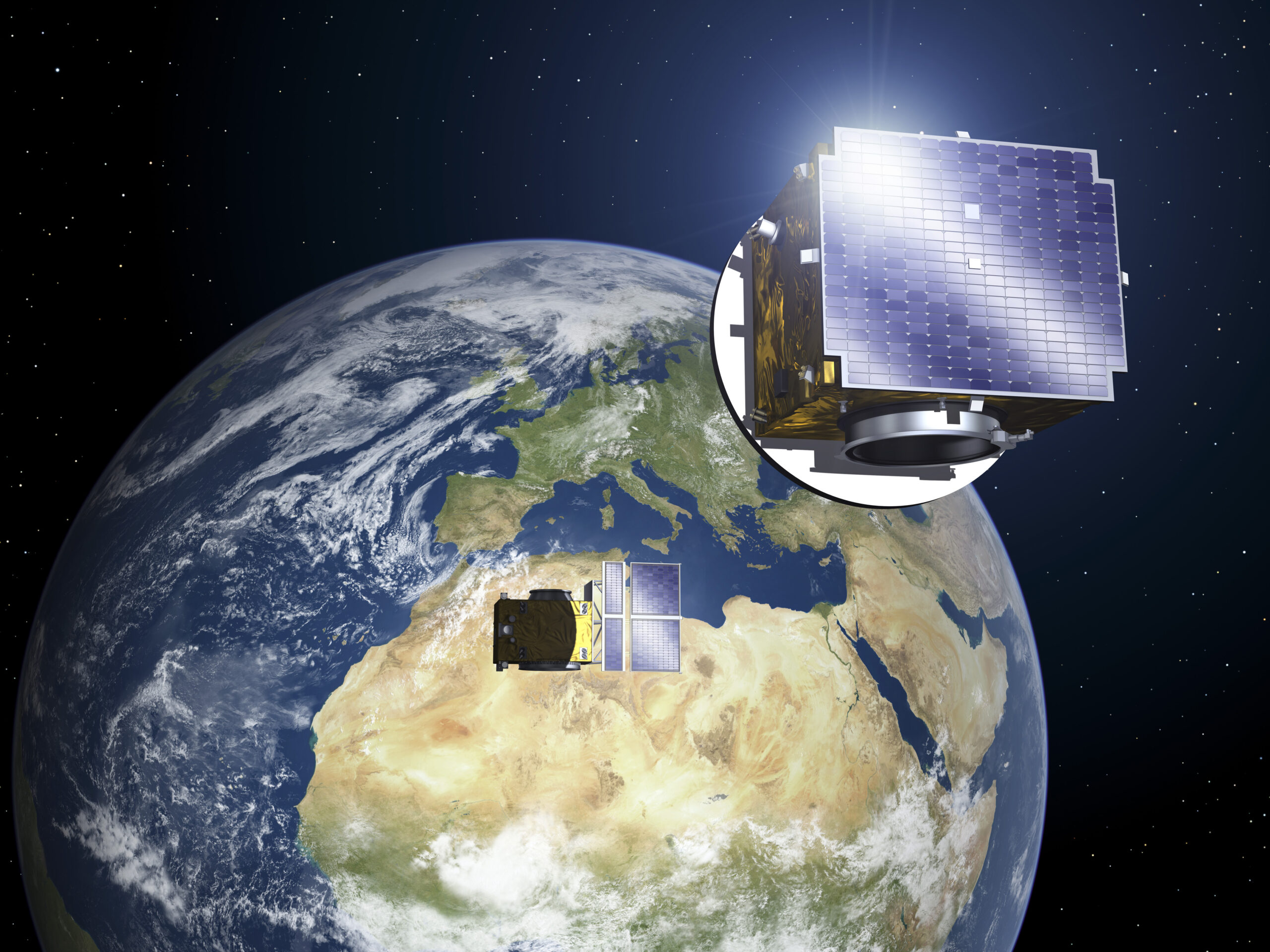 Satelity Proba-3 orbicie okołoziemskiej z widoczną Ziemią w tle. Realizują one dwie Misje kosmiczne ESA.