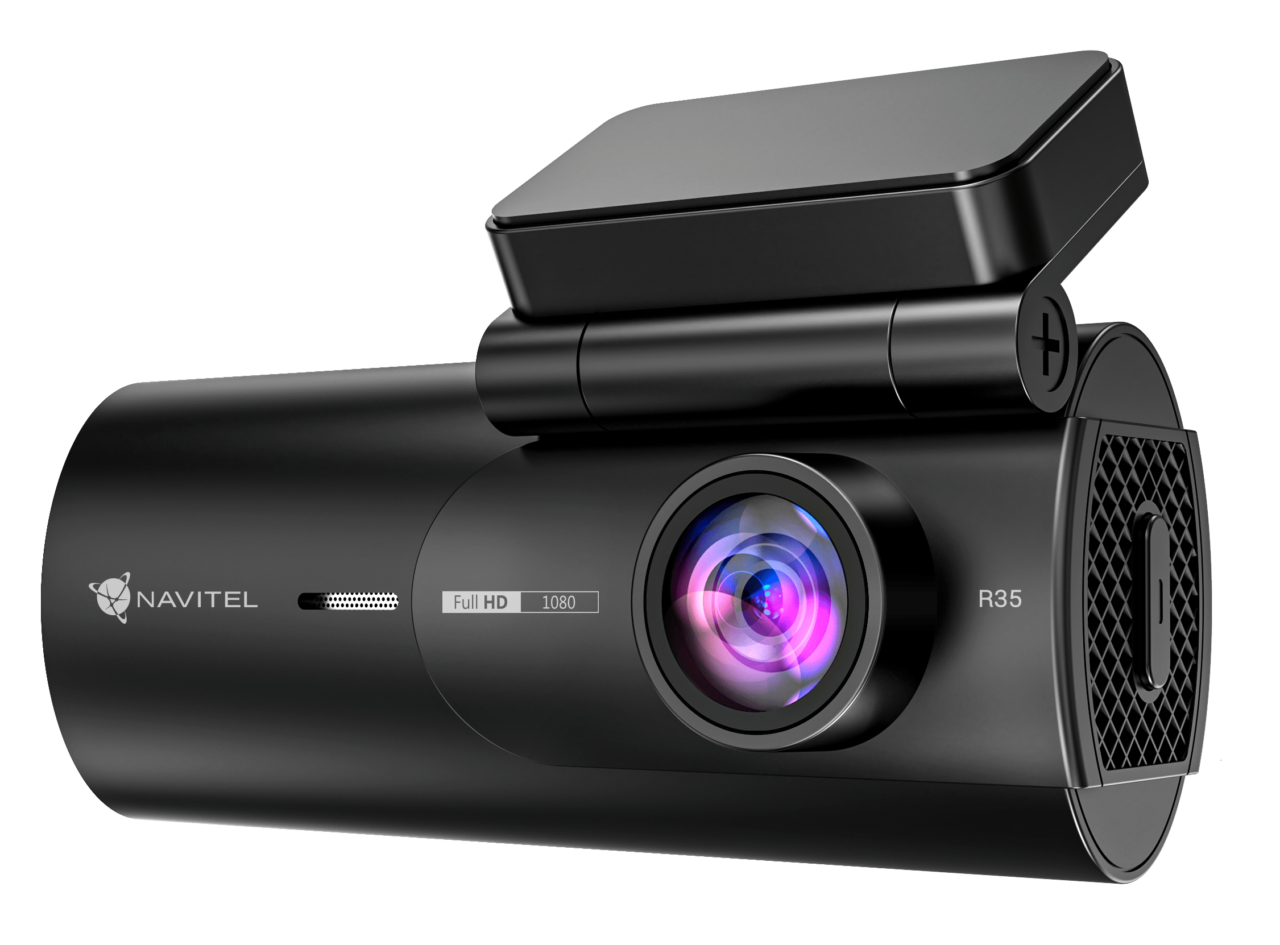 Czarna kamera samochodowa Navitel R35 z obiektywem Full HD 1080p, zamontowana na uchwycie.