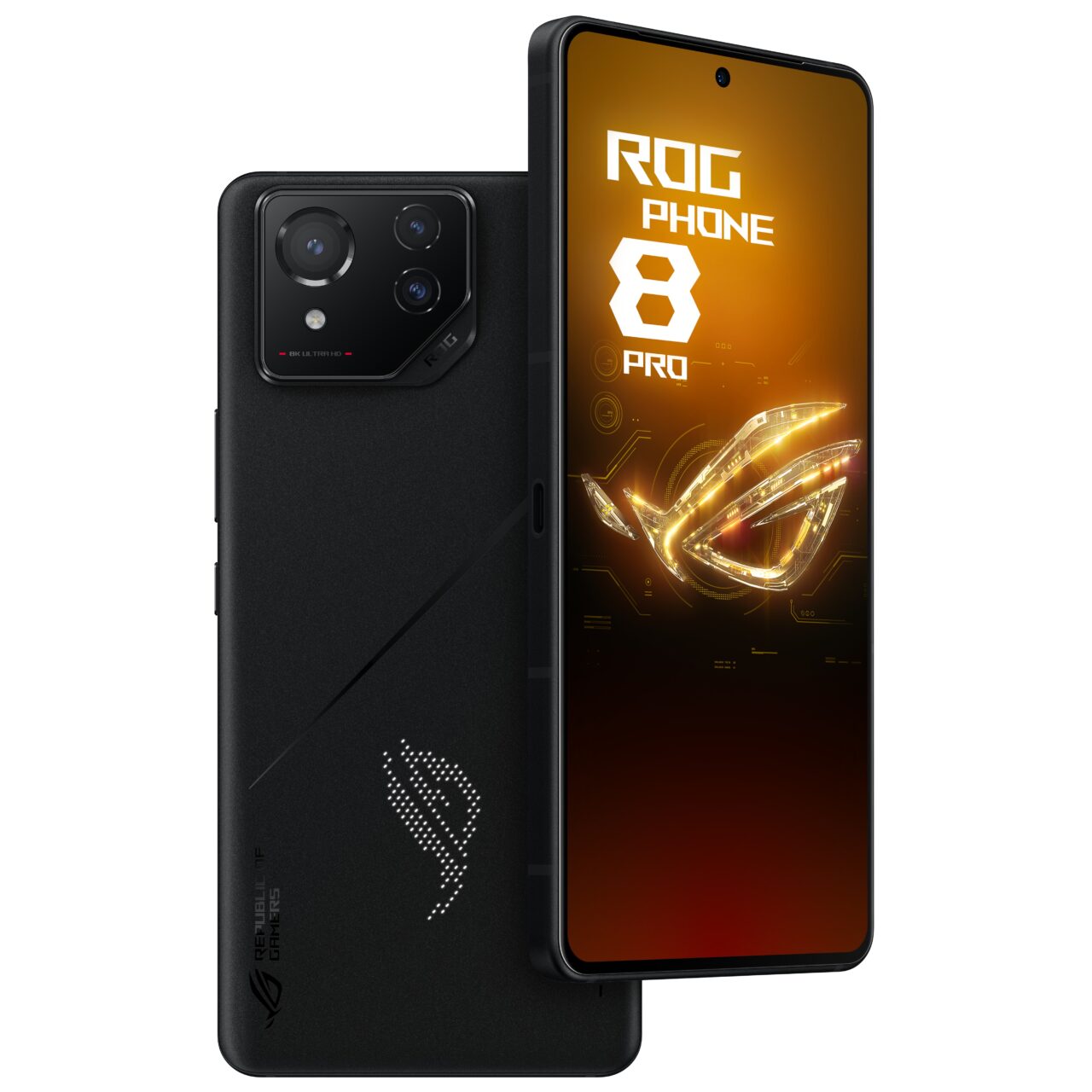Czarny smartfon ROG Phone 8 Pro z podświetleniem logo ROG na wyświetlaczu i tylnym panelu, pokazany od przodu i z boku z widocznymi przyciskami i aparatem.