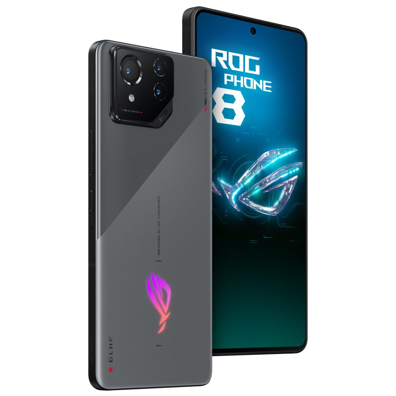 Smartfon dla graczy ASUS ROG Phone 8 z tylnymi kamerami i włączonym ekranem prezentującym logo serii oraz nazwę modelu.