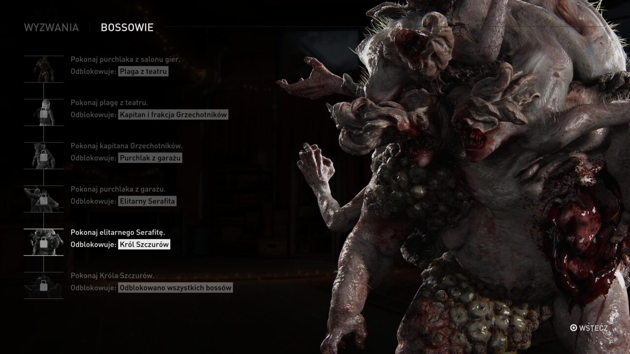 Ekran menu z gry, z wyzwaniami związanymi z bossami i ich odblokowaniami, na pierwszym planie wyraźna, przerażająca postać monstrualnego bossa.