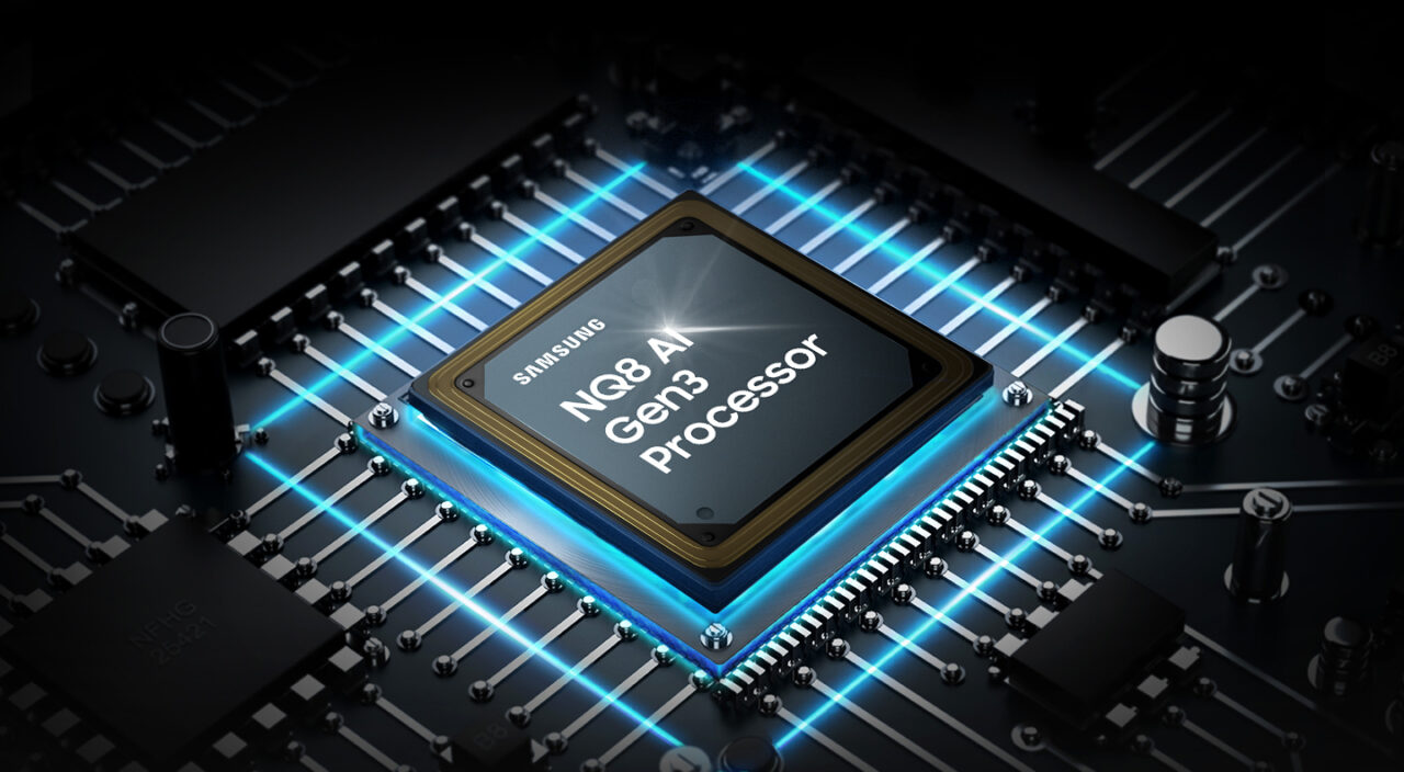 Czarny układ scalony z napisem "Samsung NQ8 AI Gen3 Processor" umieszczony centralnie na płycie drukowanej z podświetleniem w kolorze błękitnym.