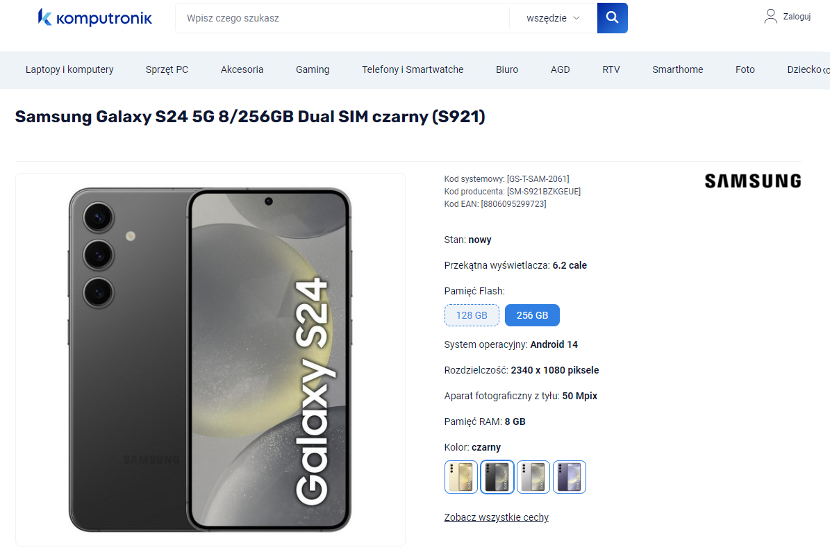 Smartfon Samsung Galaxy S24 5G o kolorze czarnym z potrójnym aparatem fotograficznym na tylnej obudowie, prezentowany na stronie sklepu internetowego Komputronik.