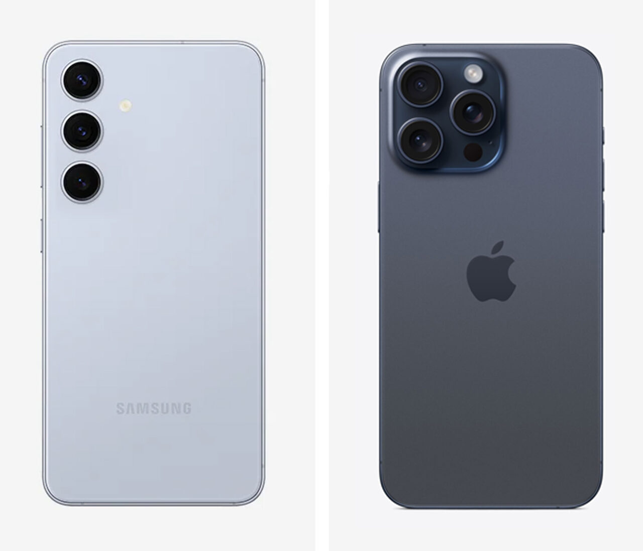 Tylna strona dwóch smartfonów Apple iPhone 15 i Samsung Galaxy S24. Jeden ma trzy aparaty w pionowym układzie i logo Samsung, drugi ma system trzech aparatów plus sensor w kwadratowym układzie i logo Apple.