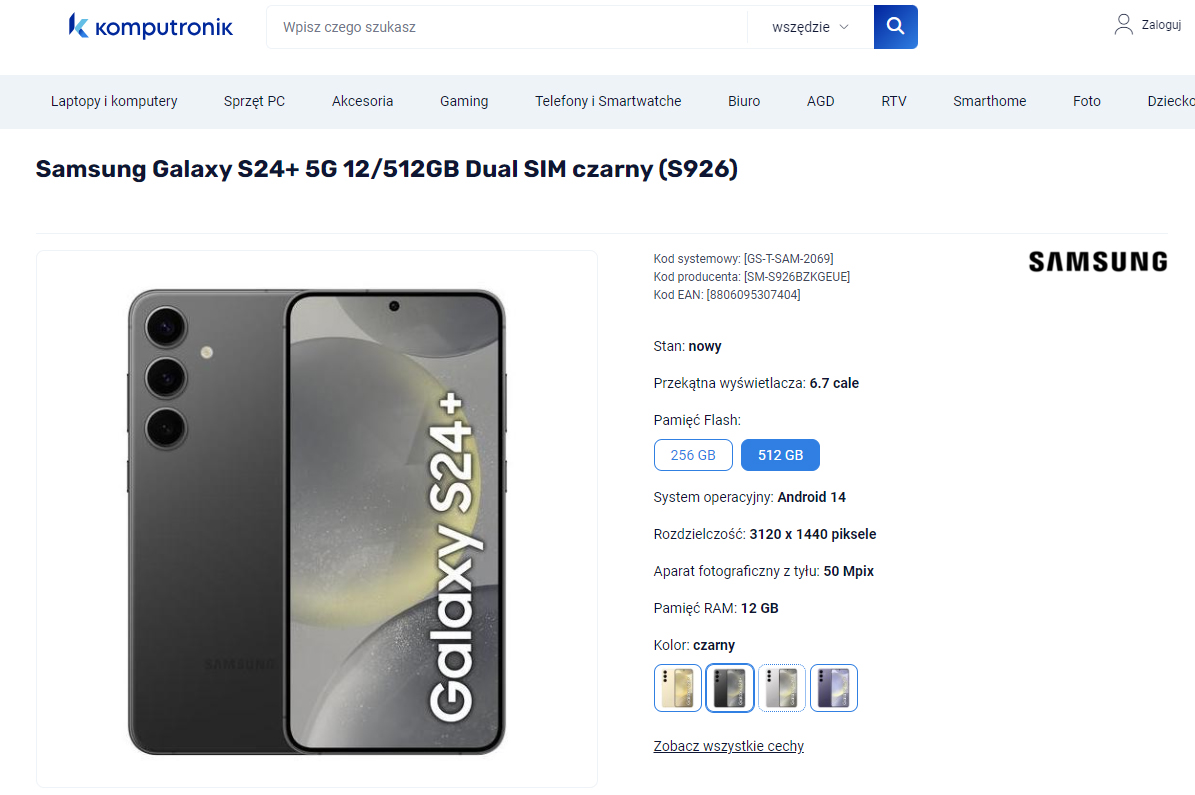 Smartfon Samsung Galaxy S24+ 5G w kolorze czarnym, widoczne przód i tył urządzenia, prezentacja na oficjalnej stronie sklepu Komputronik.