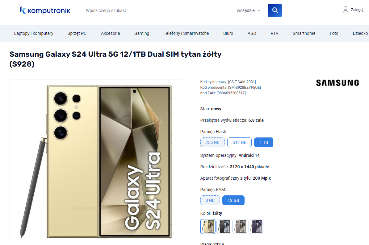 Zdjęcie złotego smartfona Samsung Galaxy S24 Ultra 5G z pisakiem, przedstawiające przednią i tylną część urządzenia z pięcioma aparatami. Obok zdjęcia informacje o produkcie i specyfikacje techniczne.