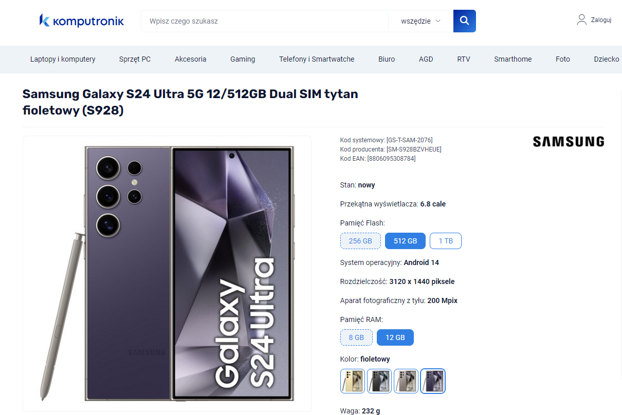  Samsung Galaxy S24 Ultra 5G w kolorze tytanowym fioletowym z rysikiem, obok specyfikacje techniczne i logo producenta na stronie internetowej sklepu Komputronik.