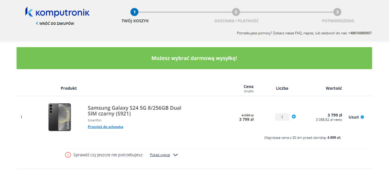 Strona internetowa sklepu Komputronik z koszykiem, w którym znajduje się produkt – smartfon Samsung Galaxy S24 5G z wyświetloną ceną promocyjną, opcją ilości i wartości zamówienia.