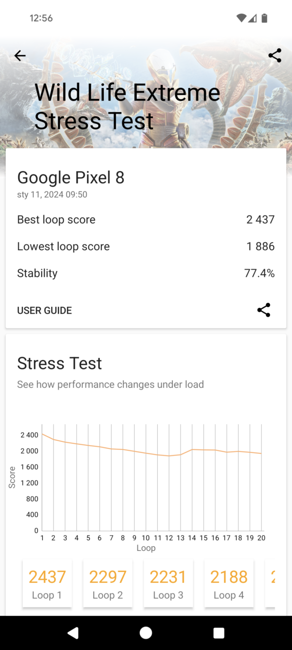 Zrzut ekranu z aplikacji testującej wydajność Google Pixel 8, przedstawiający wyniki "Stress Test" z grafem zmian wydajności pod obciążeniem oraz wynikami poszczególnych przebiegów.