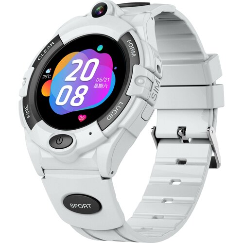 Biały inteligentny zegarek sportowy z kolorowym wyświetlaczem pokazującym czas i datę oraz symbole temperatury i kroków.
