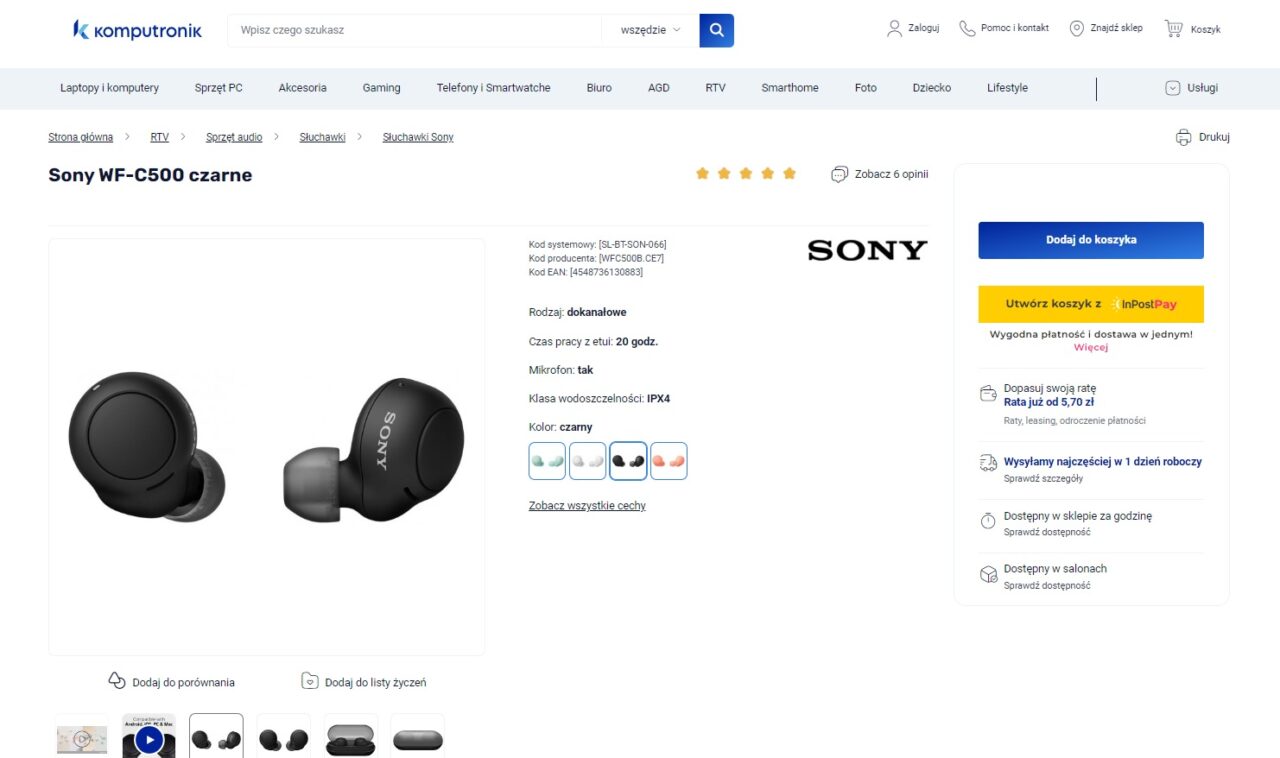 Czarne słuchawki douszne Sony WF-C500 wyświetlone na stronie internetowego sklepu Komputronik.