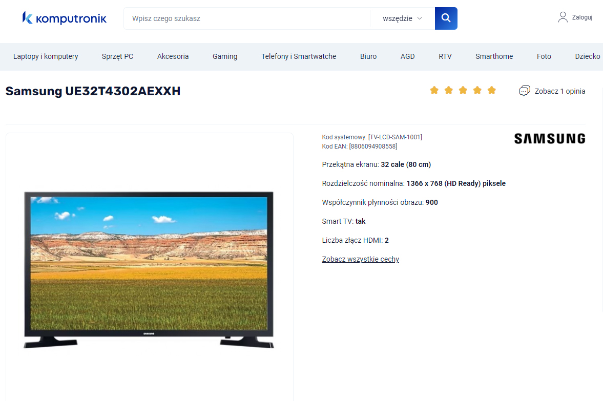 Telewizor Samsung UE32T4302AEXXH o przekątnej ekranu 32 cale, wyświetlający krajobraz z żółtą trawą i skalistymi wzgórzami na tle niebieskiego nieba, umieszczony na stronie internetowej sklepu Komputronik.