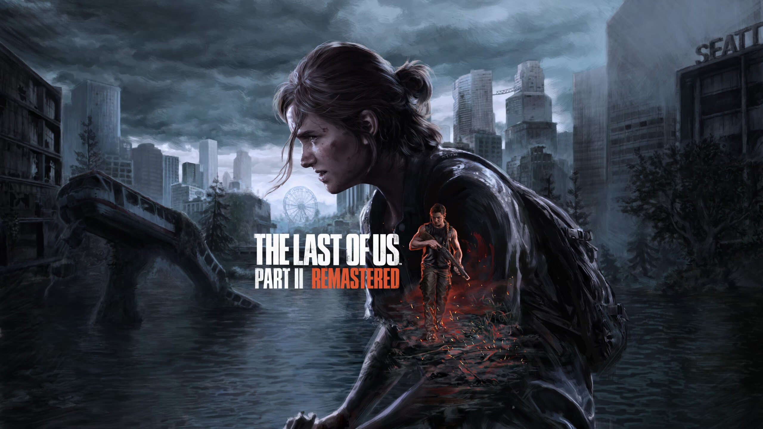 Zdjęcie przedstawia grafikę promującą grę "The Last of Us Part II Remastered", z postacią Ellie na pierwszym planie oraz postacią Joela w tle, w opuszczonej i zalanej miejskiej scenerii z napisem "Seattle".