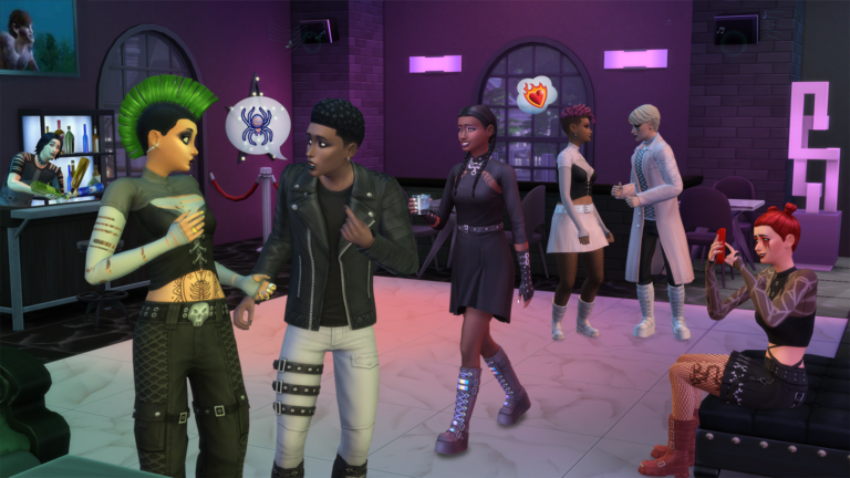 Grupa stylizowanych postaci w środowisku przypominającym klub nocny w grze komputerowej, z barmanem w tle, dwoma postaciami rozmawiającymi i jedną robiącą zdjęcie na telefon.