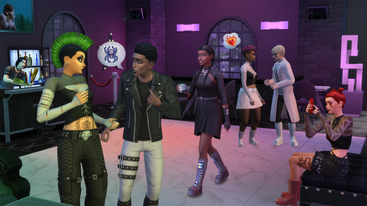 Grupa stylizowanych postaci w środowisku przypominającym klub nocny w grze komputerowej, z barmanem w tle, dwoma postaciami rozmawiającymi i jedną robiącą zdjęcie na telefon.