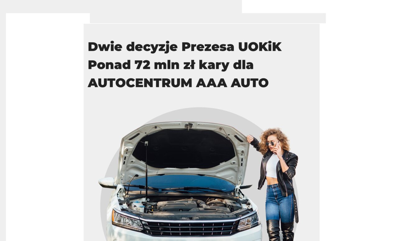 Grafika UOKiK. Grafika przedstawia kobiety z lokami, która stoi obok otwartego maski samochodu i patrzy na silnik, w tle widać treść: "Dwie decyzje Prezesa UOKiK Ponad 72 mln zł kary dla AUTOCENTRUM AAA AUTO".
