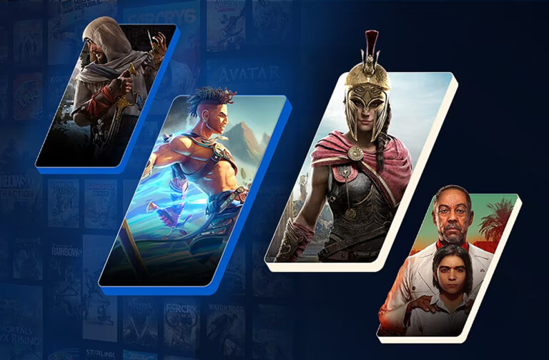Grafika promocyjna gier wideo, przedstawiająca montaż postaci z różnych gier na tle niebieskiego, graficznego projektu z ikonami i tytułami gier. Element promujący usługę Ubisoft+.