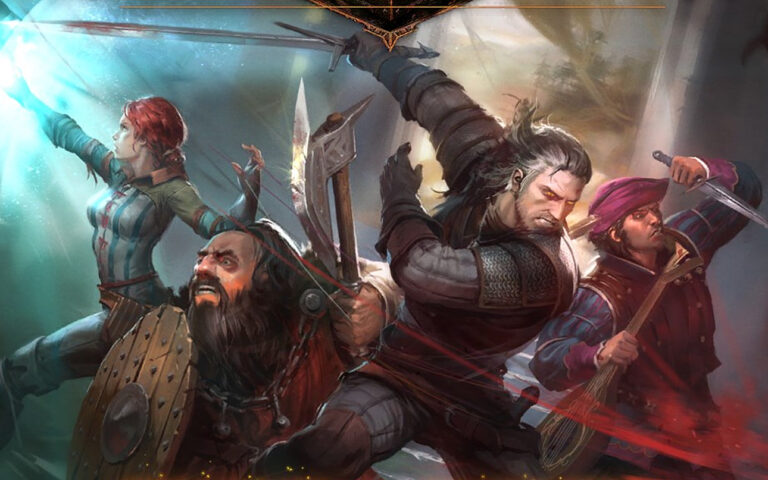 Ilustracja przedstawia czwórkę postaci fantasy w momencie bitwy, z magią i uzbrojeniem typowym dla średniowiecznych wojowników. Bohaterowie gry o Wiedźminie na grafice koncepcyjnej.