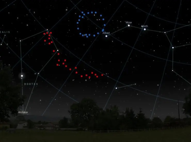 Grafika przedstawiająca nocne niebo z zaznaczonymi konstelacjami i nazwami gwiazd, w tym Wielki Wóz z Alkaidem i Mizar, oraz Bootesa z Arcturusem, nad sylwetkami drzew i krzewów na horyzoncie.