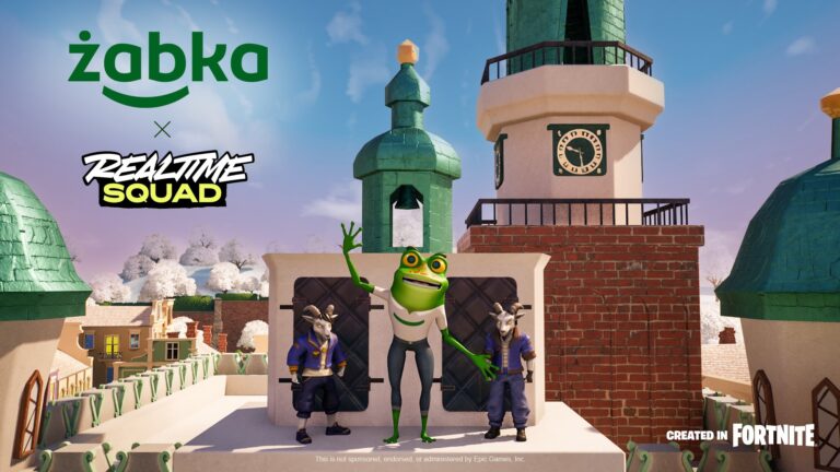 Grafika przedstawiająca animowane postaci: żabę i dwie kozy, stojące na tle stylizowanego miasta, z emblemami "Żabka x Realtime Squad" i informacją "Created in Fortnite" w dolnej części obrazu.