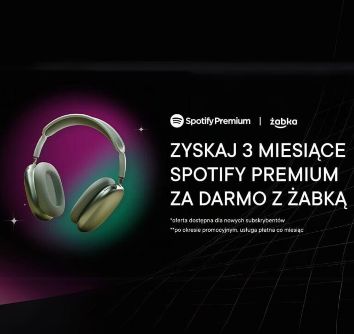 Anúncio da promoção Spotify Premium da Żabka, mostrando fones de ouvido dourados em fundo escuro com gradiente e informações sobre três meses de acesso gratuito ao serviço para novos assinantes.