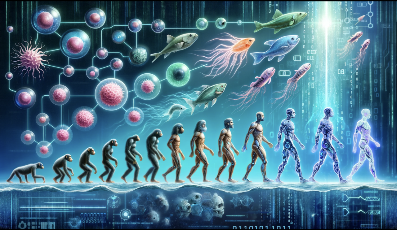 Grafika przedstawiająca ewolucję życia od jednokomórkowców do zaawansowanych form cyfrowych, z różnymi gatunkami ryb i sekwencją antropogenezis (przemiana od małpoluda do cyfrowo usprawnionego człowieka) na tle kodu binarnego i wodnych głębin z ludzkimi czaszkami. Czy ewolucję da się przewidzieć?