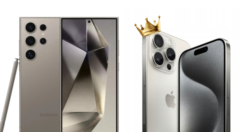 Dwa smartfony - po lewej złoty Samsung Galaxy z rysikiem oraz po prawej biały iPhone z czarnym etui i złotą koroną na obiektywach aparatu.