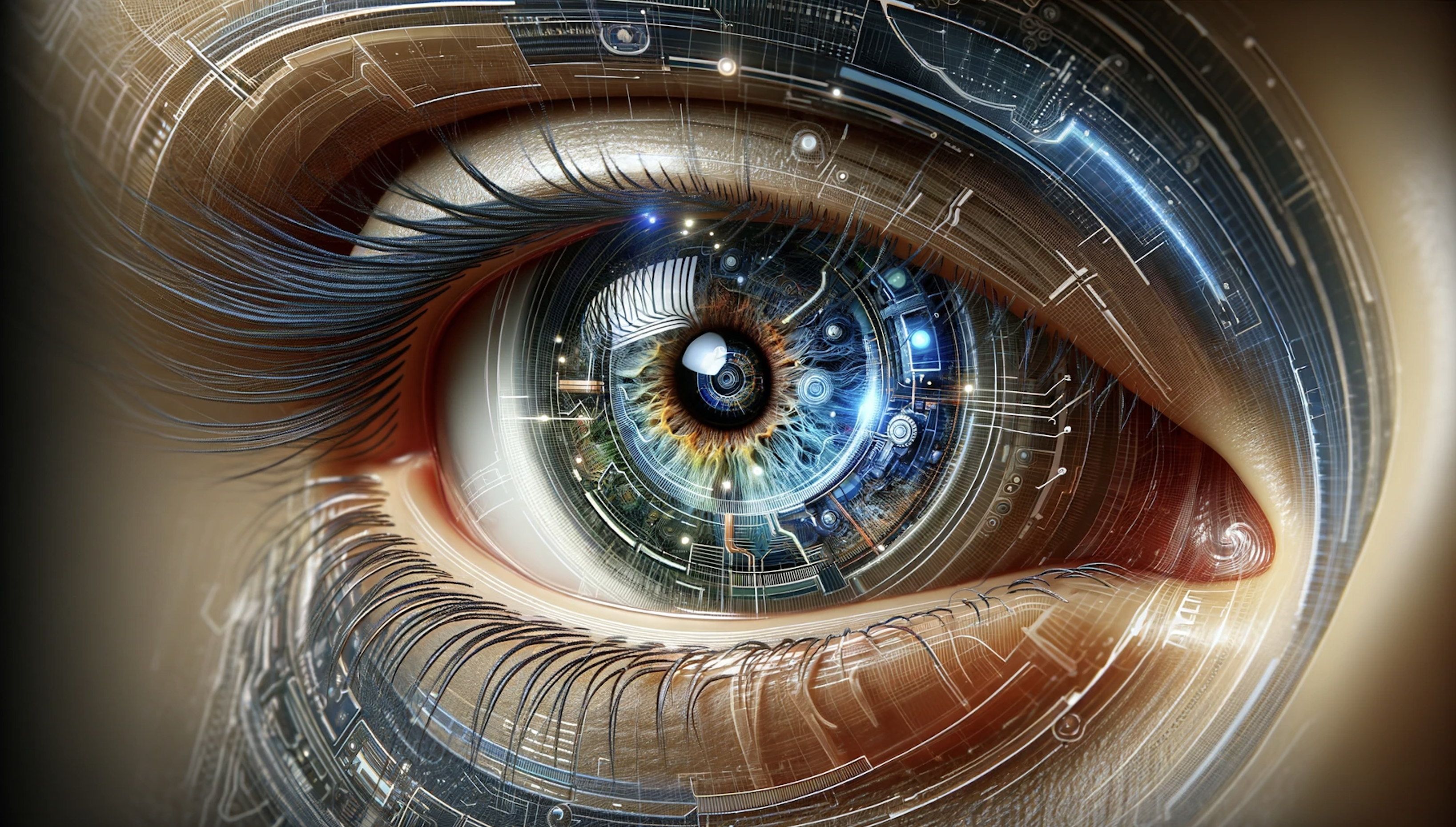 Zbliżenie ludzkiego oka z zintegrowanymi elementami grafiki komputerowej przypominającymi futurystyczny interfejs.
