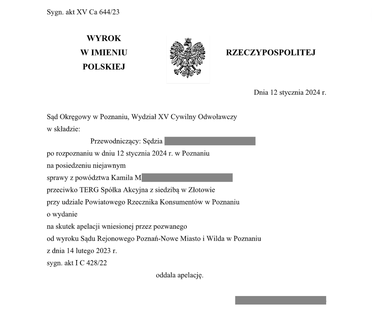 Documento judicial com uma águia coroada no cabeçalho, contendo informações sobre a sentença proferida pelo Tribunal Distrital de Poznań.