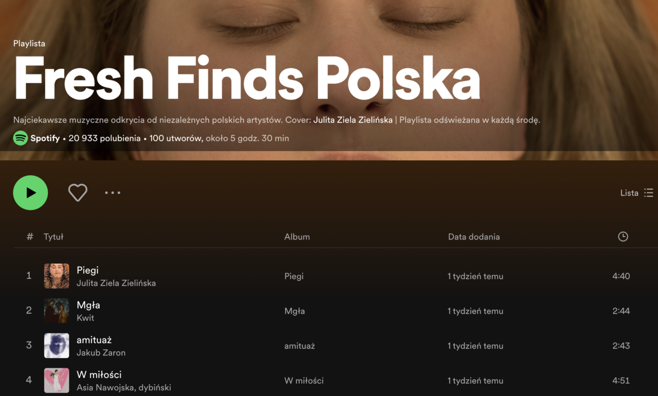 Playlista Spotify "Fresh Finds Polska" z zamkniętymi oczami kobiety w tle i listą utworów na ekranie.
