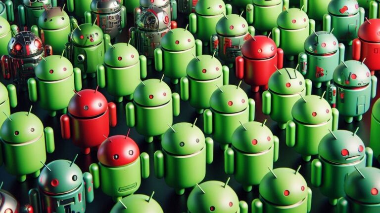 Zdjęcie przedstawiające dużą grupę trójwymiarowych zielonych robotów Android, z kilkoma czerwonymi robotami wśród nich, zainspirowanych maskotką systemu operacyjnego Android.