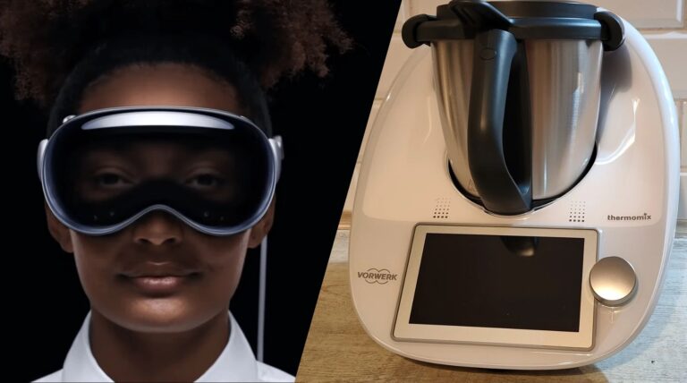 Zdjęcie podzielone pionowo na dwie części: po lewej kobietę noszącą okulary VR Apple Vision Pro, po prawej biały robot kuchenny Thermomix marki Vorwerk na blacie kuchennym.