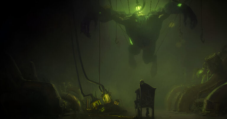 Postać ludzka stojąca przed ogromnym, robotopodobnym stworem unoszącym się w powietrzu w zielonkawym, mrocznym wnętrzu z wyeksponowanym oświetleniem. Kadr z drugiego sezonu Arcane