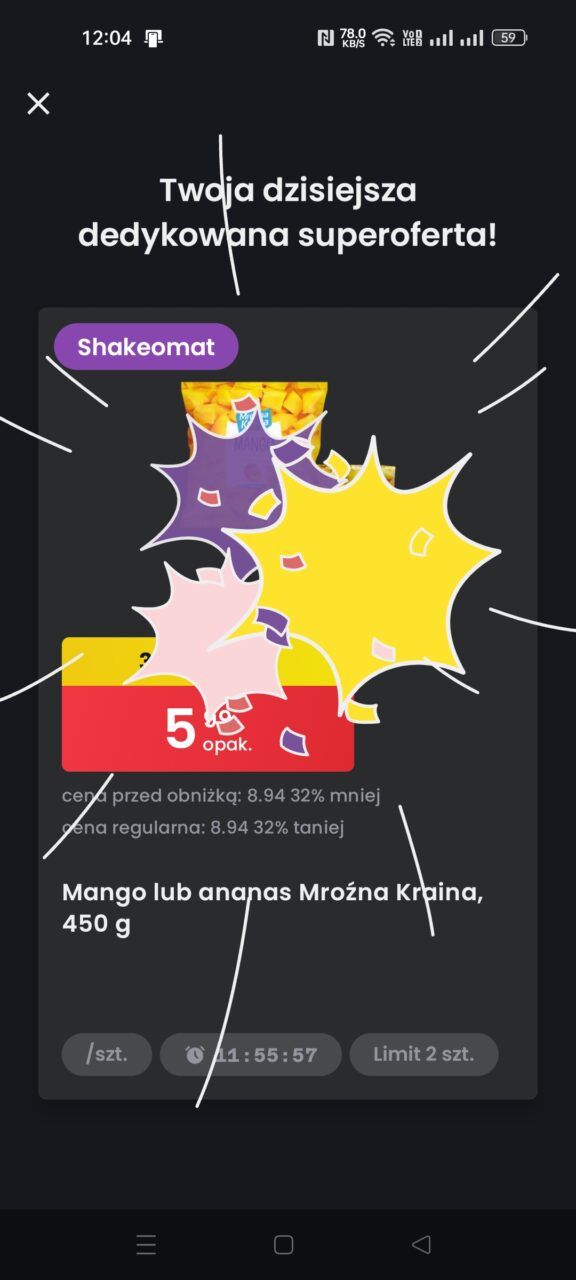 Reklama promocyjna z grafiką produktu mrożonego mango lub ananasa, z napisem "Twoja dzisiejsza dedykowana superoferta" oraz informacją o obniżce ceny o 32%, z limitem zakupu 2 sztuki.