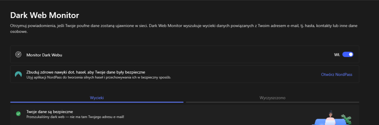 Interfejs użytkownika monitora Dark Web z opcjami i informacjami na temat bezpieczeństwa danych osobowych w sieci, w tym status przeszukania dark webu w NordVPN,