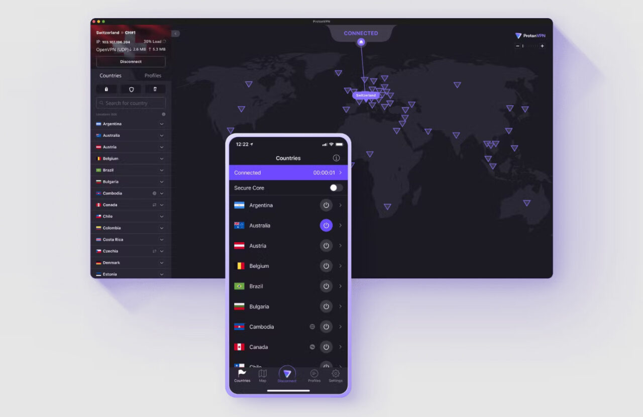 Zrzut ekranu interfejsu użytkownika aplikacji VPN na komputerze i smartfonie, pokazujący listę krajów i połączony serwer w Szwajcarii na mapie świata.