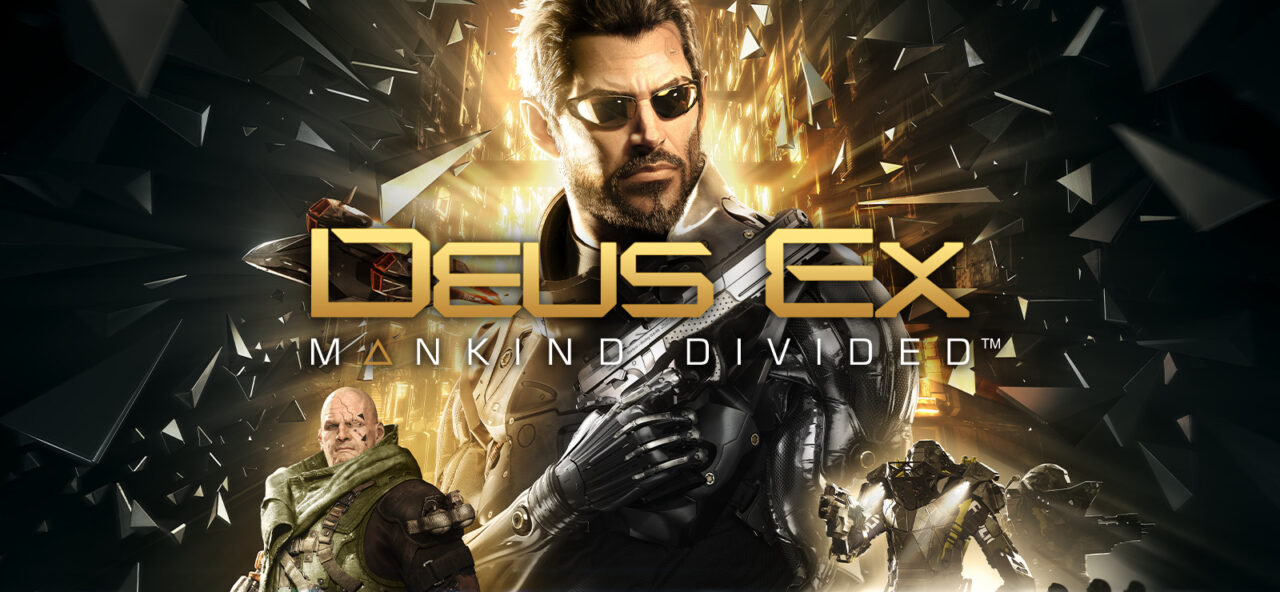 Grafika promocyjna do gry Deus Ex: Mankind Divided™ przedstawiająca dwóch przerysowanych mężczyzn, w tle rozbite szklane kawałki, rozświetlone złoto-żółte światło i duże logo gry.