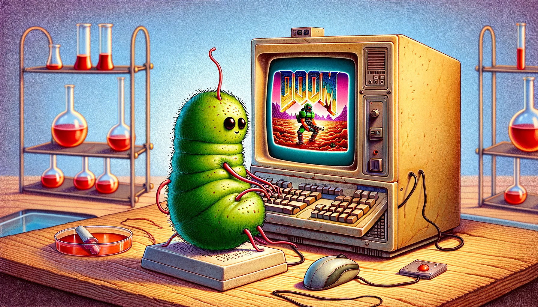 Animowany zielony robak siedzący przed starym komputerem z grą "Doom" na ekranie, w tle półka z probówkami.