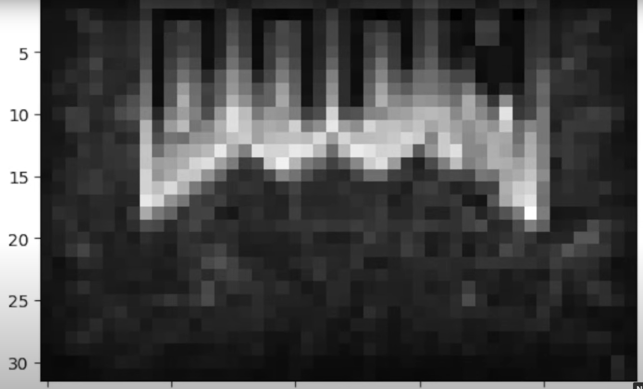 Niskiej jakości zdjęcie gry DOOM odpalonej w bakteriach przedstawiające nieczytelny, pikselowy obiekt na tle z rozmytymi szarościami.