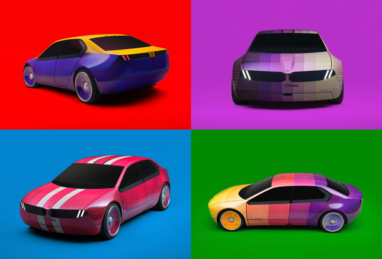Cztery różnokolorowe konceptualne samochody o futurystycznym wyglądzie, każdy na innym jednolitym tle: czerwonym, purpurowym, niebieskim i zielonym.