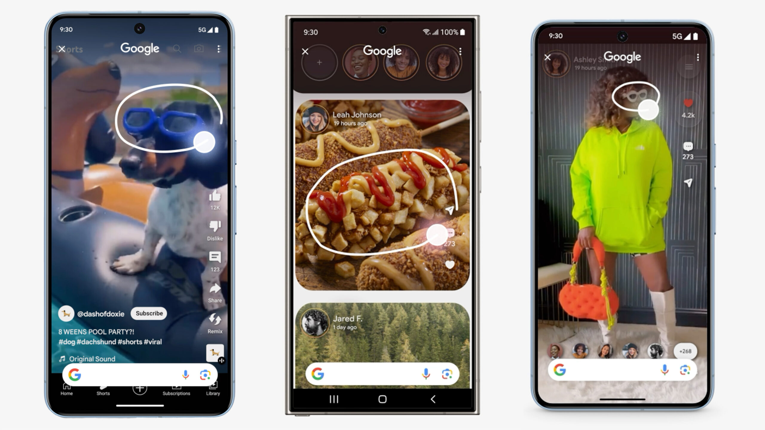 Trzy smartfony wyświetlają różne treści zakreślane kółkiem Google Circle Search. Pies w okularach pływackich, porcja frytek z sosem i ketchupem, oraz osoba w neono zielonym ubraniu z pomarańczową torebką.