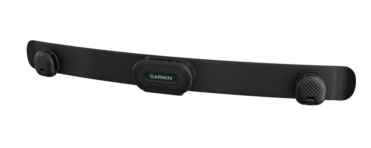 Czarny pas piersiowy do monitorowania tętna firmy Garmin.